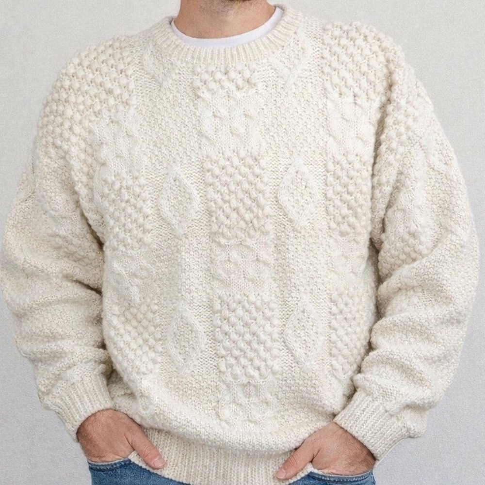 The Sharper Image Mens Ivory 100% Wool Cable Popcorn Knit Fisherman Sweater L